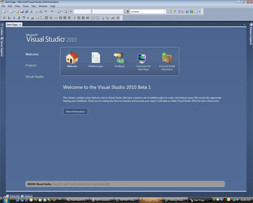 Visual Studio 2010 Home page Visual Studio 2010 Home page
